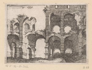 Rester av Colosseum i Rom Listesso (titel på objekt) Utsikt över Rom (serietitel) Alcune vedute et prospettive di luoghi dishabitati di Roma (serietitel) av Giovanni Battista Mercati