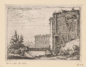 Ruinerna av antik byggnad och Colosseum i Rom Sotto San Pietro in Vincolo (titel på objekt) Utsikt över Rom (serietitel) Alcune vedute et prospettive di luoghi dishabitati di Roma (serietitel)