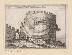 Tombe van Caecilia Metella te Rom Sepulcrum M. Mallorum kallad Cape of Boue (titel på objekt) Gezichten op Rome (serietitel) Några vyer och perspektiv på obebodda platser i Rom (serietitel) av Giovanni Battista Mercati