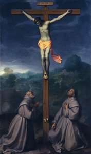 Korsfästelse med heliga Bernardino och Antonius av Padua, av Giovanni Battista Moroni (1525 ca- 1578), olja på duk, 226x133 cm, San Giuliano-kyrkan, Albino av Giovanni Battista Moroni