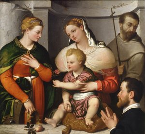 Madonna och barn med St. Catherine, St. Francis and the Donor, c.1550 (olja på duk) av Giovanni Battista Moroni
