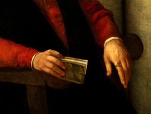 Förmodat porträtt av Francois Rabelais (1494-1553), fransk författare och läkare. Detalj av boken han håller i handen och av riddaren han bär på fingret. Målning av Giovanni Battista Moroni (1525-1578) av Giovanni Battista Moroni
