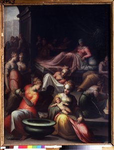 Johannes döparens födelse (Johannes döparens födelse). Målning av Giovanni Battista Naldini (1537-1591). Olja på duk. Sol: 89x74cm. Florentinsk manérism konst. Pushkin-museet, Moskva.