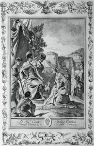 Armida framför Goffredo, gravyr, av Giovanni Battista Piazzetta (1683-1754) för Canto III av Jerusalem levererad, av Torquato Tasso (1544-1595), utgiven av Giovanni Battista Albrizzi, Venedig, Italien av Giovanni Battista Piazzetta