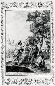 Duell mellan Ottone och Tancredi i närvaro av Clorinda, canto VI, Jerusalem levererad av Giovanni Battista Piazzetta