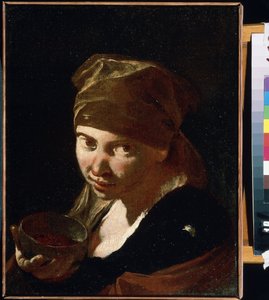 ""Porträtt av en liten flicka"" Barn av blygsamt ursprung, tjänare eller bonde. Målning av Giovan Battista (Giambattista) Piazzetta (1683-1754) Mikhail Kroshitsky Art Museum från 1700-talet, Sevastopol (Sevastopol) Ukraina av Giovanni Battista Piazzetta