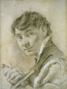 Porträtt av en ung man som håller i ett svärd, ca 1735 (svartvit krita med kol på papper) av Giovanni Battista Piazzetta