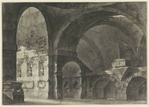 Interiör av en stor antik byggnad med tunnvalv och en kupolunderbyggnad av Giovanni Battista Piranesi (attributed to)