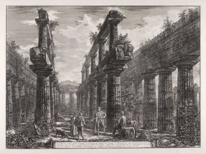 A., B. Vy över resterna av de två kolonnraderna i Neptunustemplet, som på sidorna bildade pelargångarna i cellan och bar byggnadens tak ... av Giovanni Battista Piranesi