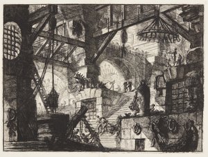 Ett grillat och rustikt fönster ligger mitt i en trappa med grupper av tunga kedjor till rätten av Giovanni Battista Piranesi