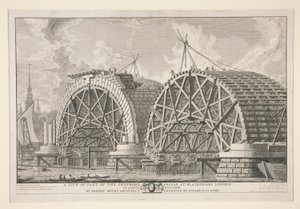 En vy av en del av den tänkta bron vid Blackfriars, London, i augusti MDCCLXIII av Robert Mylne, arkitekt, graverad av Piranesi i Rom av Giovanni-Battista Piranesi