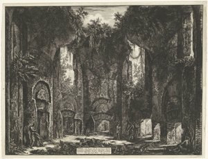 Akademien i de Villa Adriana t och Tivoli Diet, eller båda Plats som ger ingång till flera storslagna skåp, och till andra magnifika rum, som finns i Villa Adrian (...) (titel på objektet) Gezichten op Rome (serietitel) Vy över Rom tecknade och graverade av Giovanni Battista Piranesi