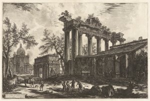 Altra Veduta degli avanzi del Pronao del Tempio del Concordia (En annan vy av resterna av Pronaos av Concordtemplet [Saturnustemplet med Septimius Severus båge i vänster bakgrund]), från Vedute di Roma (Utsikt över Rom) av Giovanni-Battista Piranesi