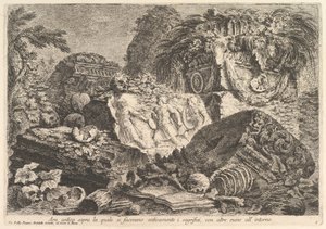 Forntida altare på vilket offer utfördes i antiken, omgivet av andra rui..., ca. 1750. av Giovanni Battista Piranesi