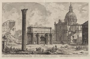 Septimius Severus båge. Genom dess mitt gick den antika Via Sacra, som förde segrarna till Kapitolium (med kyrkan Santi Martina e Luca) av Giovanni Battista Piranesi