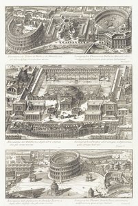 Vogelperspektiven: die Balbo- und Marcello-Theater, das Pantheon und die Umgebung, und das Statilio Tauro Amphitheater