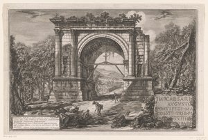 Boog van Augustus te Aosta Utsikt över bågen byggd för att hedra Augustus nära staden Aosta i Piemonte, tidigare Augusta Praetoria Salassorum (titel på objektet) Någon ansikte öppen dörr Rominbyggd triomfbogen och andra monument (serier av Giovanni Battista Piranesi