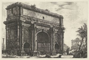Boog van Septimius Severus i Rom Utsikt över Septimius Severus båge (titel på objekt) Gezichten op Rome (serietitel) Utsikt över Rom designad och graverad av Giambattista Piranesi-arkitekten Ve (nez) iano (serietitel) av Giovanni Battista Piranesi