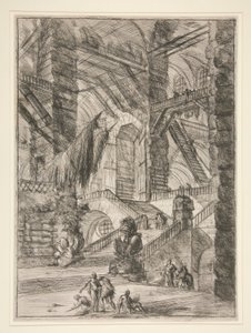 Carceri, VIII: Trappan med troféer av Giovanni Battista Piranesi