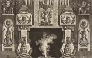 Eldstad i egyptisk stil: grupper om tre hukande figurer på varje dörrpost av Giovanni Battista Piranesi