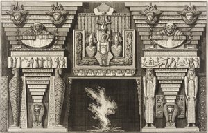 Eldstad i egyptisk stil: två mumier i profil till vänster och två figurer som bär obelisker till höger. av Giovanni Battista Piranesi