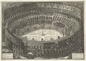 Colosseum te Rom Utsikt över den flaviska amfiteatern känd som Colosseum (titel på objektet) Gezichten op Rome (serietitel) Utsikter över Rom tecknade och graverade av Giambattista Piranesi-arkitekten Ve(nez)iano (serietitel) av Giovanni Battista Piranesi