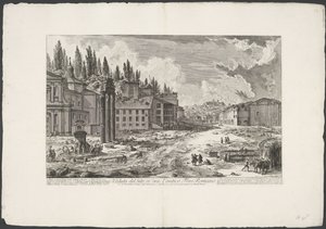 Forum Romanum med de Tempel van Jupiter Stator te Rome Utsikt över platsen, där det antika Forum Romanum låg (titel på objekt) Gezichten op Rome (serietitel) Utsikt över Rom designad och graverad av Giambattista Piranesi-arkitekten Ve (nez) iano (serietite av Giovanni-Battista Piranesi