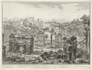 Forum Romanum te Rom Utsikt över Campo Vaccino (titel på objekt) Gezichten op Rome (serietitel) Utsikter över Rom tecknade och graverade av Giambattista Piranesi-arkitekten Ve(nez)iano (serietitel) av Giovanni-Battista Piranesi