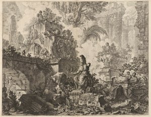 Frontispice, Fantasy of Ruins med en staty av Minerva i mitten av förgrunden, från Vedute di Roma (Utsikt över Rom) av Giovanni Battista Piranesi