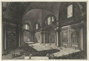 Interieur van de Santa Maria degli Angeli e dei Martiri i Rom Invändig vy av kyrkan Madonna degli Anioli i Certosa som tidigare var huvudhallen i Diocletianus bad (titel på objektet) Gezichten op Rome (serietitel) av Giovanni Battista Piranesi