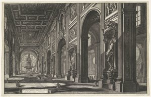 Interieur van de Sint-Jan van Lateranen te Rom Interiörvy av basilikan S. Giovanni Laterano (titel på objektet) Gezichten op Rome (serietitel) Utsikt över Rom designad och graverad av Giambattista Piranesi-arkitekten Ve (nez) iano (serietitel) av Giovanni-Battista Piranesi