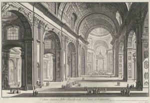Interieur van de Sint-Pietersbasiliek te Vaticaanstad Invändig vy av Peterskyrkan i Vatikanen (titel på objektet) Gezichten op Rome (serietitel) Utsikt över Rom tecknad och graverad av Giambattista Piranesi-arkitekten Ve(nez)iano (serie ti av Giovanni-Battista Piranesi
