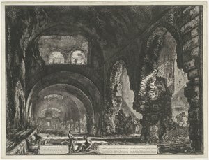 Interieur van de Tempel van Hercules Victor t och Tivoli Invändig vy av Villa di Mecenate (titel på objekt) Gezichten op Rome (serietitel) Utsikt över Rom designad och graverad av Giambattista Piranesi-arkitekten Ve (nez) iano (serietitel) av Giovanni Battista Piranesi