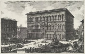 Palazzo Farnese i Rom Utsikt över Palazzo Farnese (titel på objekt) Gezichten op Rome (serietitel) Utsikt över Rom designad och graverad av Giambattista Piranesi-arkitekten Ve (nez) iano (serietitel) av Giovanni-Battista Piranesi