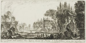 Teil der antiken Via Appia etwa drei Meilen außerhalb von Porta S. Sebastiano, Tafel 19 aus Einige Ansichten von Triumphbögen und anderen Denkmälern von Giovanni-Battista Piranesi