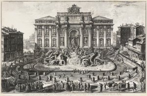 Perspektivisk vy över Acqua Vergines stora fontän, kallad Trevifontänen av Giovanni Battista Piranesi