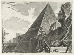 Piramide van Cestius i Rom Pyramid of C. Cestio (titel på objekt) Gezichten op Rome (serietitel) Utsikt över Rom designad och graverad av Giambattista Piranesi-arkitekten Ve (nez) iano (serietitel) av Giovanni Battista Piranesi