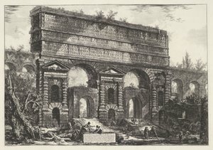 Porta Maggiore i Rom Utsikt över monumentet som restes av kejsar Titus Vespasianus (...) (titel på objektet) Gezichten op Rome (serietitel) Utsikt över Rom designad och graverad av Giambattista Piranesi-arkitekten Ve (nez) iano (serietitel) av Giovanni Battista Piranesi