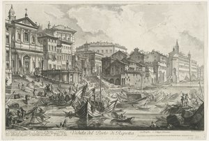 Hamnen i Ripetta te Rom Utsikt över hamnen i Ripetta (titel på objekt) Gezichten op Rome (serietitel) Utsikt över Rom designad och graverad av Giambattista Piranesi-arkitekten Ve (nez) iano (serietitel) av Giovanni Battista Piranesi