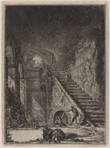 Perspektiv av trappan till vattenskyddsavdelningen för de förutnämnda bostäderna, omnämnd i plan på tavla XIII med lett. G. av Giovanni Battista Piranesi