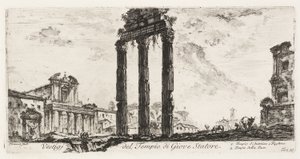 Ruinen des Tempels des Jupiter Stator [Jupiter der Unterstützer]. 1. Tempel des Antoninus und Faustina. 2. Tempel des Friedens, Tafel 10 aus Einige Ansichten von Triumphbögen und anderen Denkmälern von Giovanni-Battista Piranesi