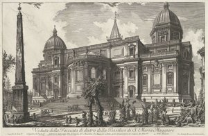 Santa Maria Maggiore i Rom Vy över den bakre fasaden av basilikan S. Maria Maggiore (titel på objektet) Gezichten op Rome (serietitel) Utsikt över Rom designad och graverad av Giambattista Piranesi-arkitekten Ve (nez) iano (serietitel) av Giovanni-Battista Piranesi