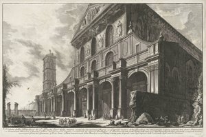 Sint-Paulus buiten de Muren te Rom Utsikt över St. Paul-basilikan utanför murarna, byggd av Konstantin den store (titel på objektet) Gezichten op Rome (serietitel) Utsikter över Rom tecknade och graverade av Giambattista Piranesi-arkitekten Ve(nez)iano (al av Giovanni-Battista Piranesi