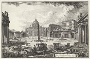 Sint-Pietersplein med de Sint-Pietersbasiliek te Vaticaanstad Utsikt över det stora torget och Peterskyrkan (...) (titel på objektet) Gezichten op Rome (serietitel) Utsikt över Rom designad och graverad av Giambattista Piranesi-arkitekten Ve (nez) iano (s av Giovanni-Battista Piranesi