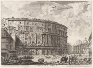 Marcellus teater. Denna byggdes av Augustus, och tillägnad hans brorson Marcellus (The Theatre of Marcellus. Denna byggnad byggdes av Augustus, och tillägnad hans brorson Marcellus), från Vedute di Roma (Utsikt över Rom) av Giovanni-Battista Piranesi