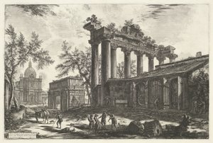 Tempel van Saturnus i Rom En annan vy av resterna av Pronaos från Concordiatemplet (titel på objektet) Gezichten op Rome (serietitel) Utsikter över Rom tecknade och graverade av Giambattista Piranesi-arkitekten Ve(nez)iano (serietitel) av Giovanni Battista Piranesi