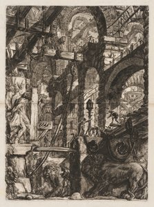 The Prisons: A Perspective of Roman Arches, med två lejon huggna i relief på stenplattor i förgrunden av Giovanni Battista Piranesi