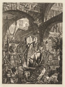 The Prisons: An Architectural Medly, med en man på klippan i förgrunden av Giovanni Battista Piranesi