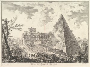 Caius Cestius-pyramiden, med Porta S. Paolo och den angränsande vägen Veduta del S..., ca. 1755. av Giovanni Battista Piranesi