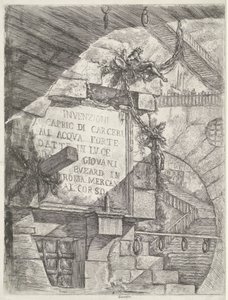 Titeltryck med ansikte i fängelsehålan och titel på vägg Dungeons (serietitel) Invenzioni Capric di Carceri all Acqua Forte (serietitel på objekt) av Giovanni Battista Piranesi